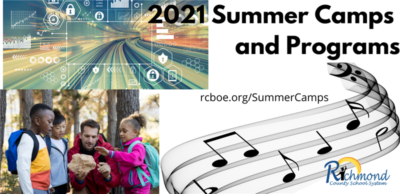 Banner with music notes and children with teacher wording reads 2021 Summer Camps & Program Website is rcboe.org/SummerCamps Banner with music notes and children with teacher wording reads 2021 Summer Camps & Program Website is rcboe.org/SummerCamps